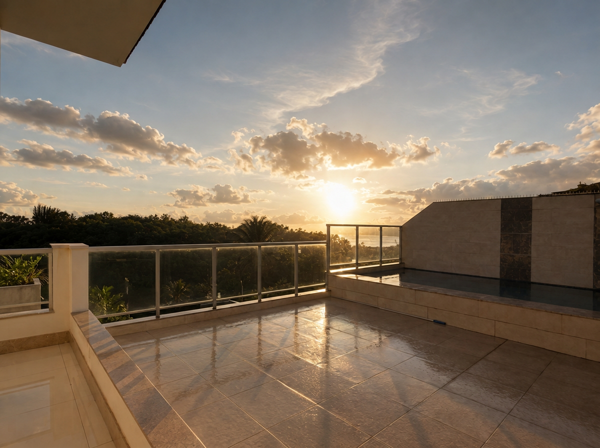 Mansão de luxo ao entardecer com piscina em frente à lagoa em Ubu, Anchieta